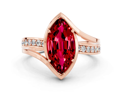 Rose gold Marquise Cut Ruby Solitaire Ring with Split Shank and Prong Setting