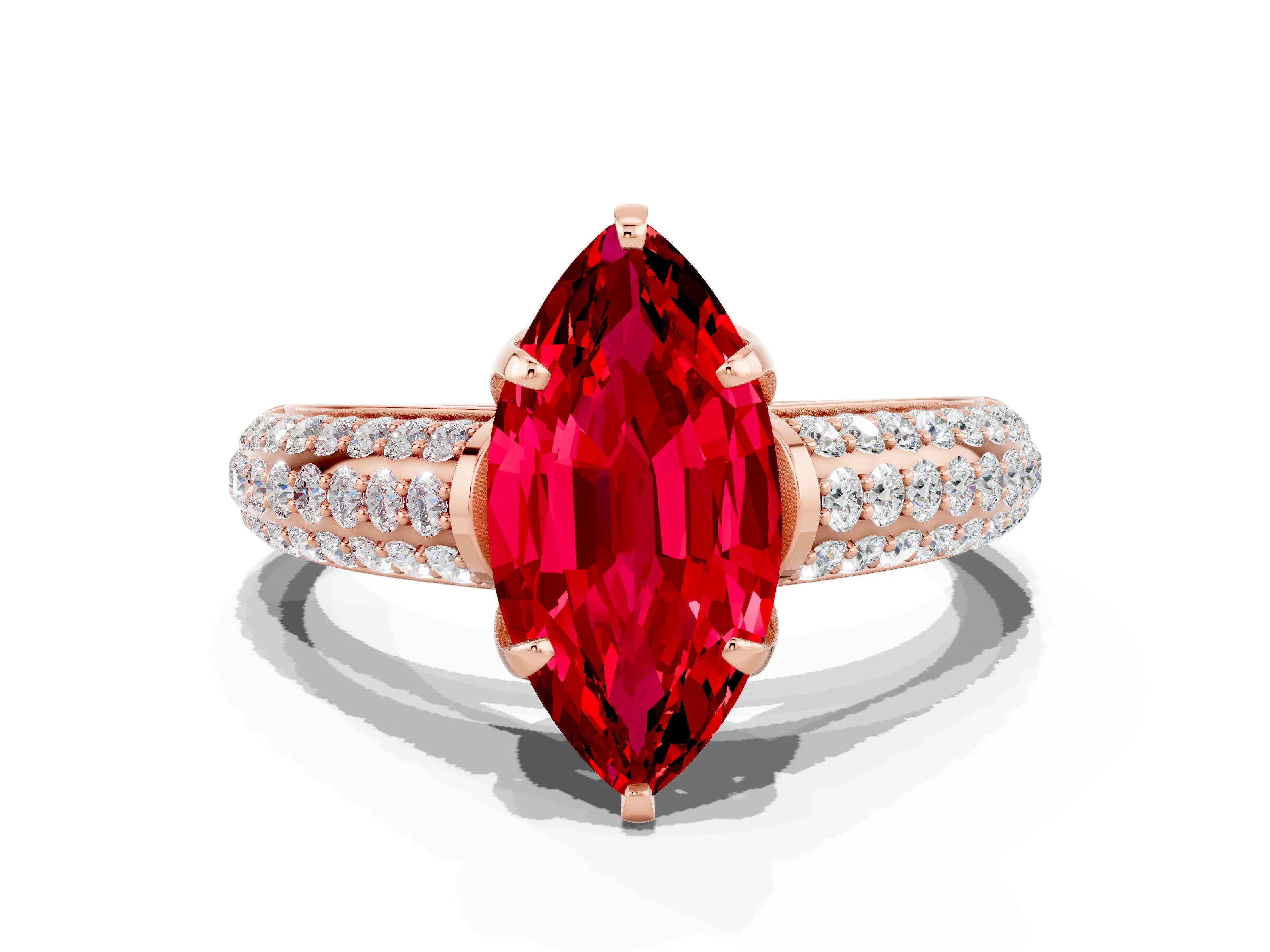 Rose gold Marquise Cut Ruby Solitaire Ring with Three-Row Pavé Band and Four-Prong Setting_12