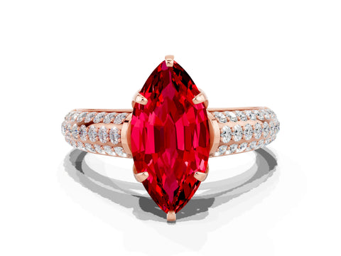 Rose gold Marquise Cut Ruby Solitaire Ring with Three-Row Pavé Band and Four-Prong Setting_12