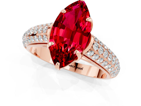 Rose gold Marquise Cut Ruby Solitaire Ring with Three-Row Pavé Band and Four-Prong Setting_13