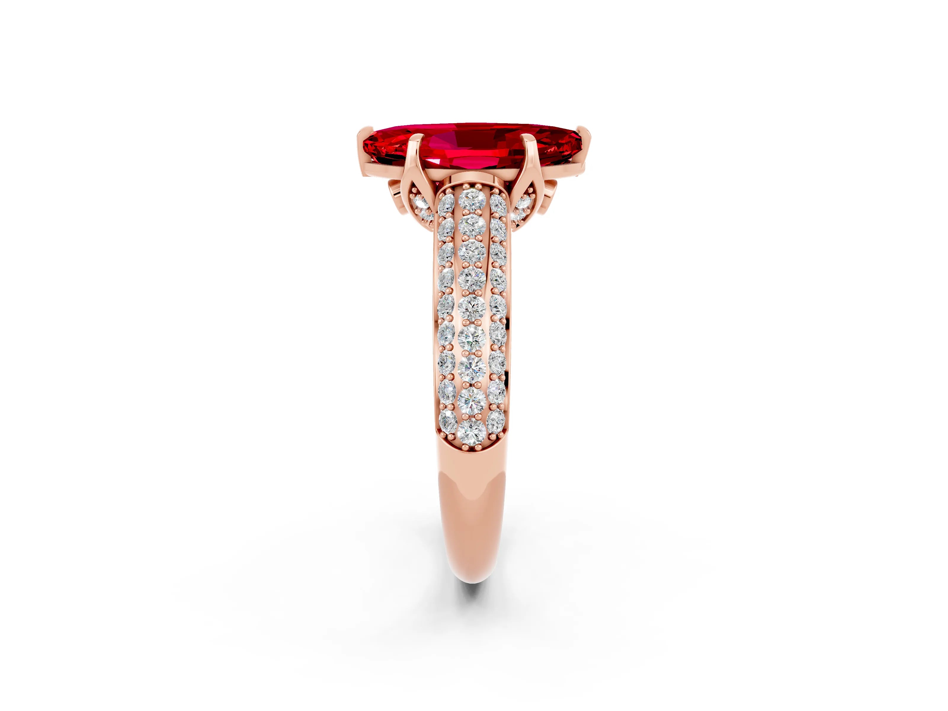 Rose gold Marquise Cut Ruby Solitaire Ring with Three-Row Pavé Band and Four-Prong Setting_14