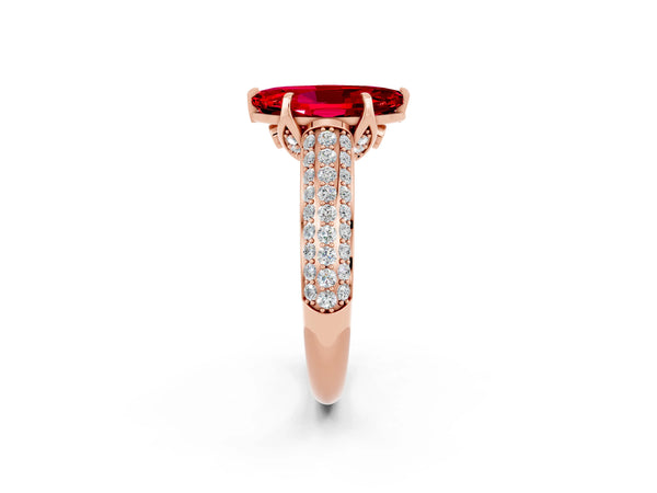 Rose gold Marquise Cut Ruby Solitaire Ring with Three-Row Pavé Band and Four-Prong Setting