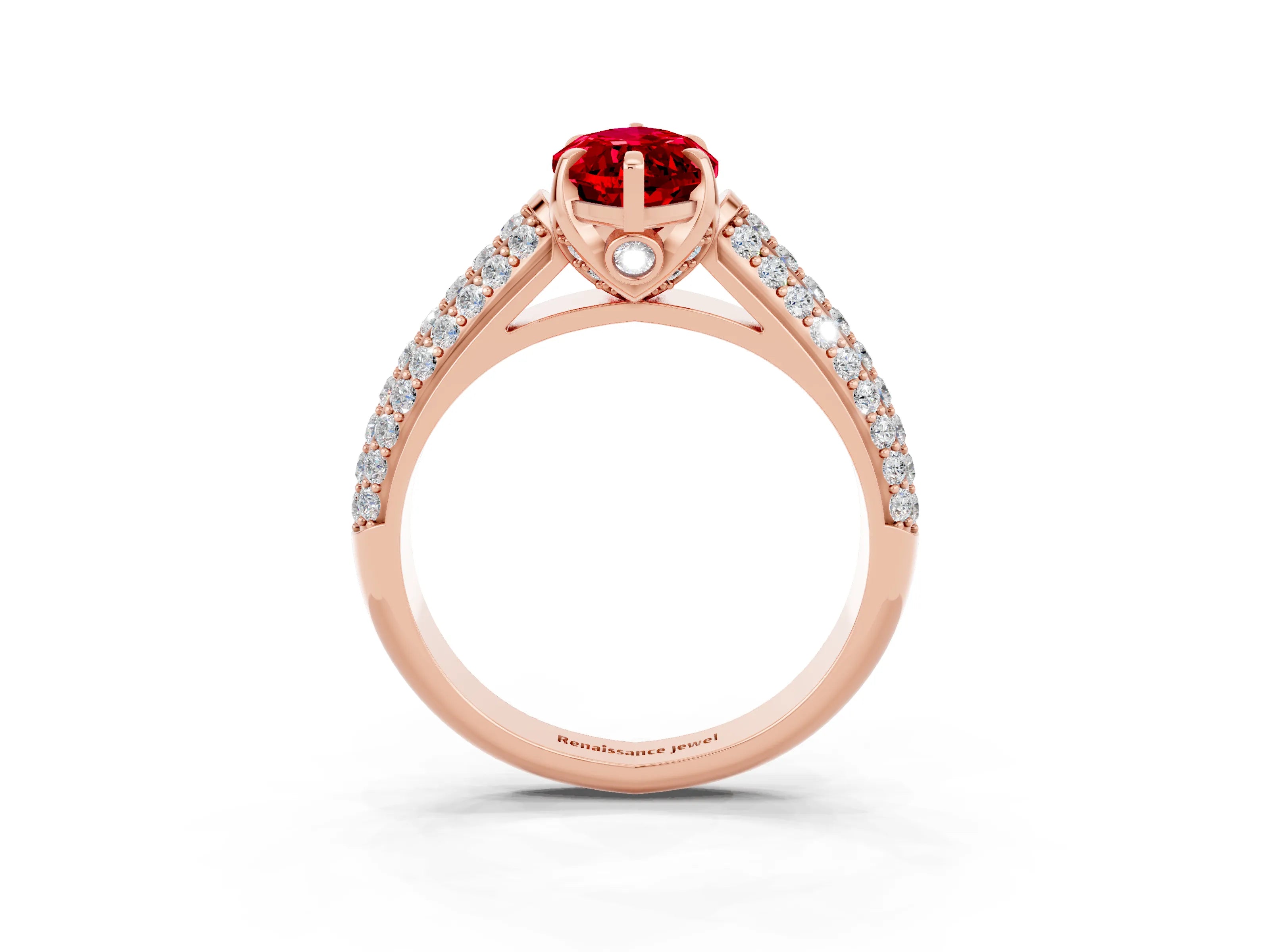 Rose gold Marquise Cut Ruby Solitaire Ring with Three-Row Pavé Band and Four-Prong Setting_15