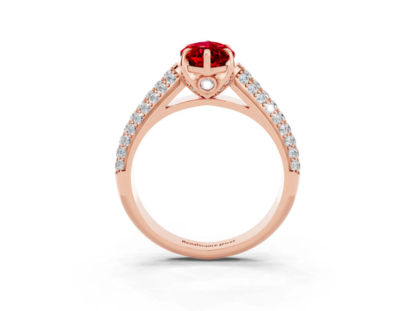 Rose gold Marquise Cut Ruby Solitaire Ring with Three-Row Pavé Band and Four-Prong Setting