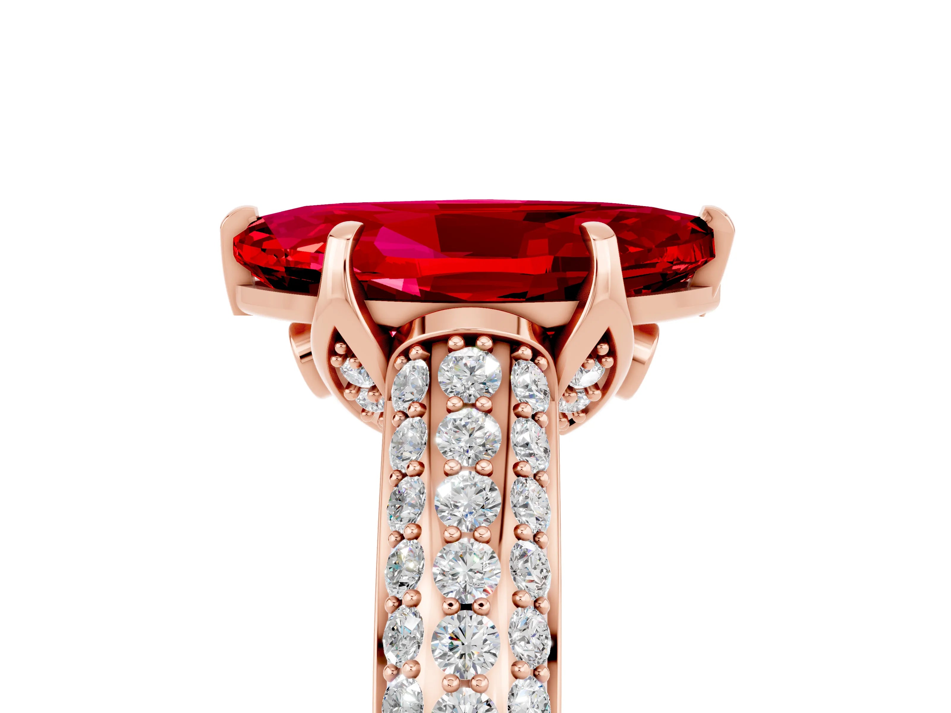 Rose gold Marquise Cut Ruby Solitaire Ring with Three-Row Pavé Band and Four-Prong Setting_17