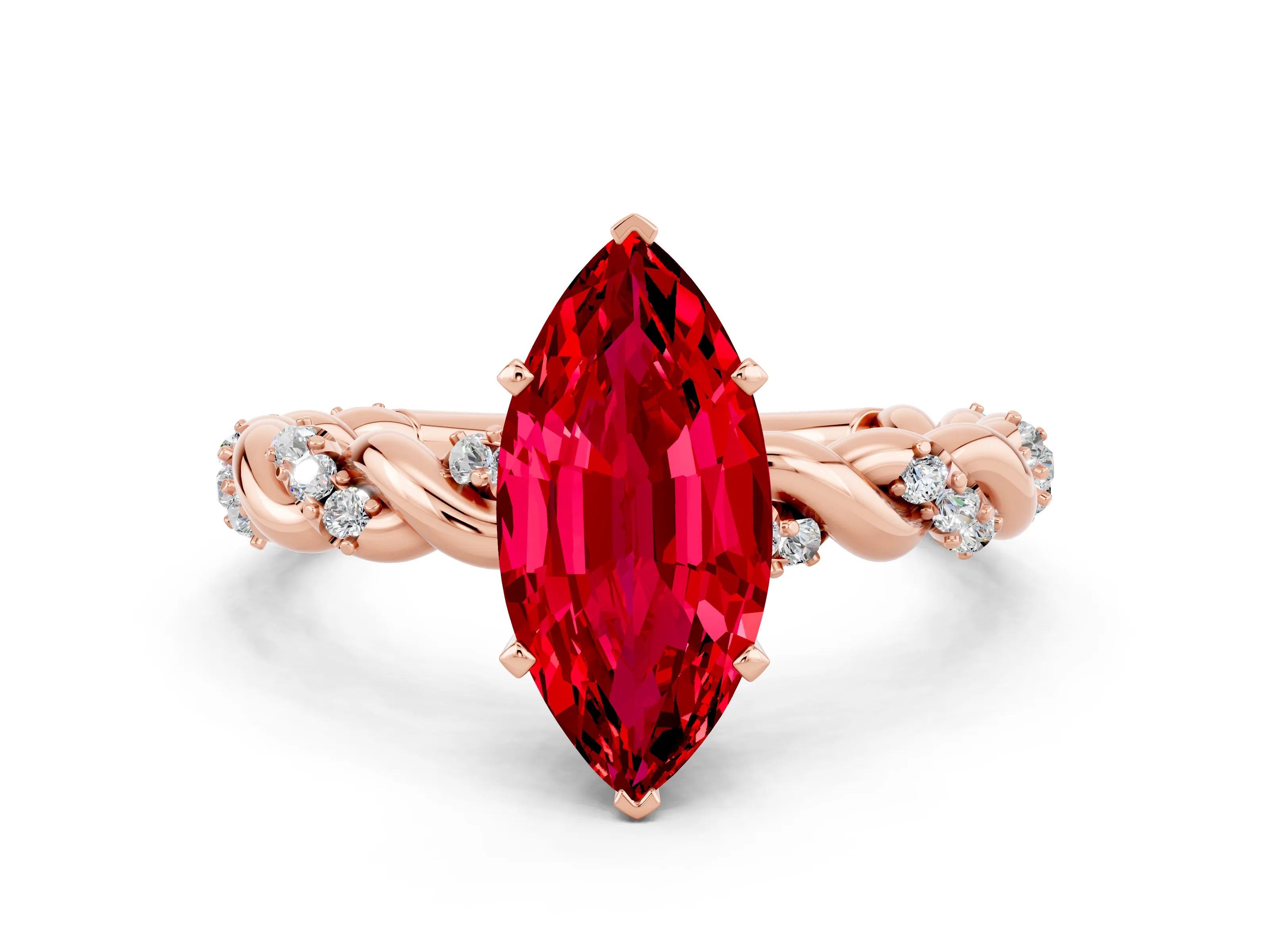 Rose gold Marquise Cut Ruby Solitaire Ring with Twisted Band and Pavé Accents