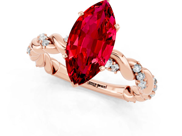Rose gold Marquise Cut Ruby Solitaire Ring with Twisted Band and Pavé Accents