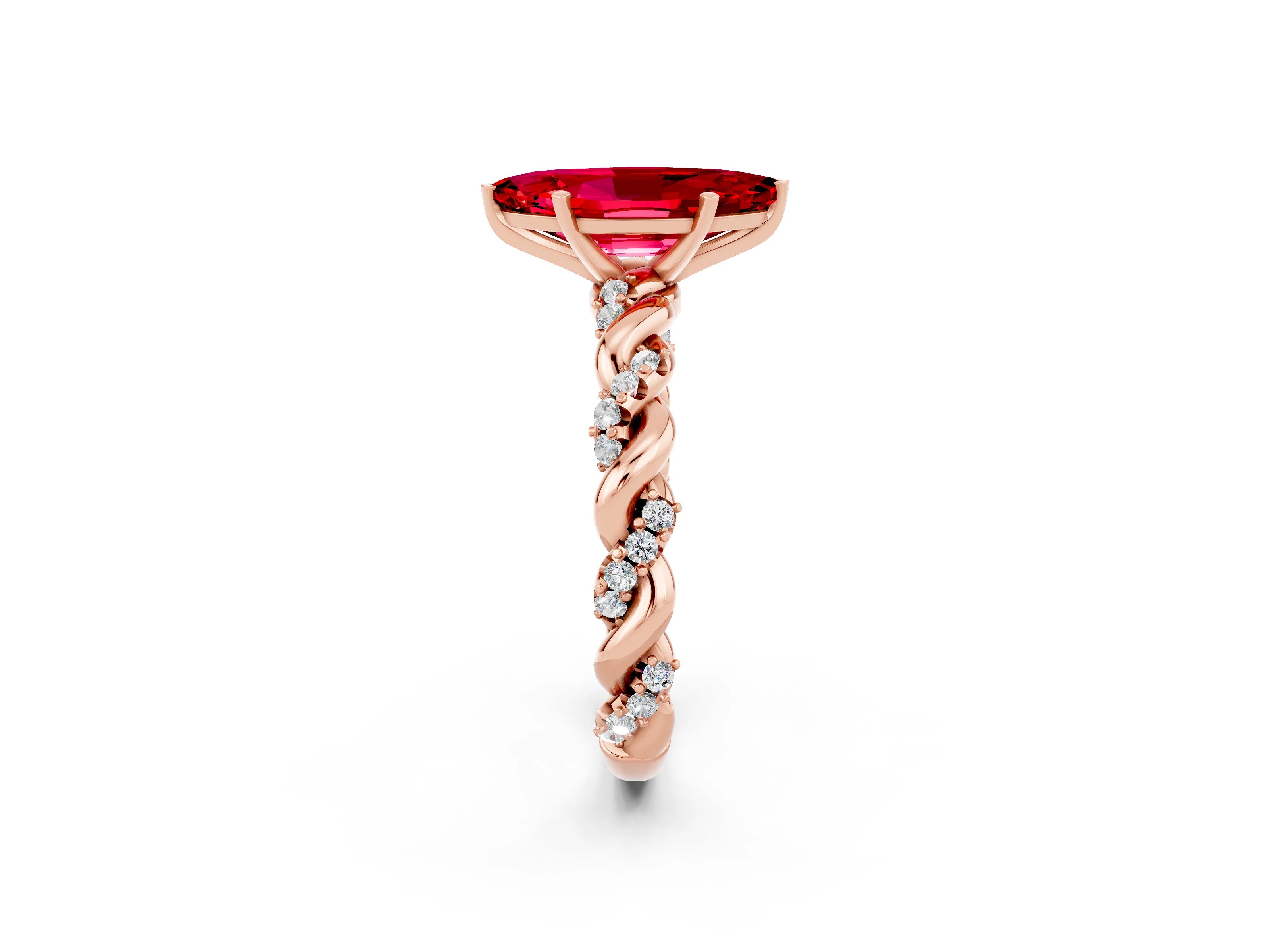 Rose gold Marquise Cut Ruby Solitaire Ring with Twisted Band and Pavé Accents_2