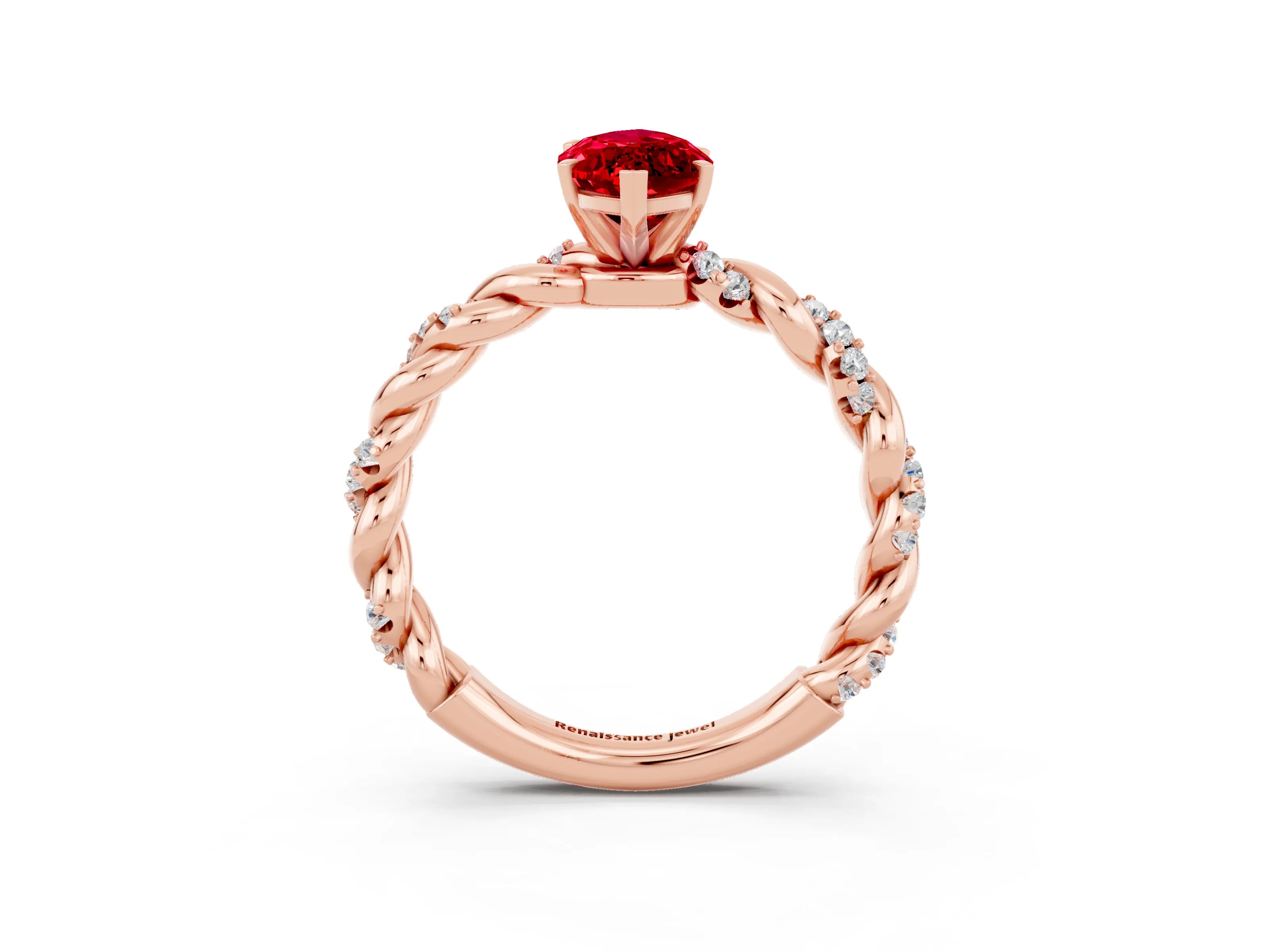 Rose gold Marquise Cut Ruby Solitaire Ring with Twisted Band and Pavé Accents_3