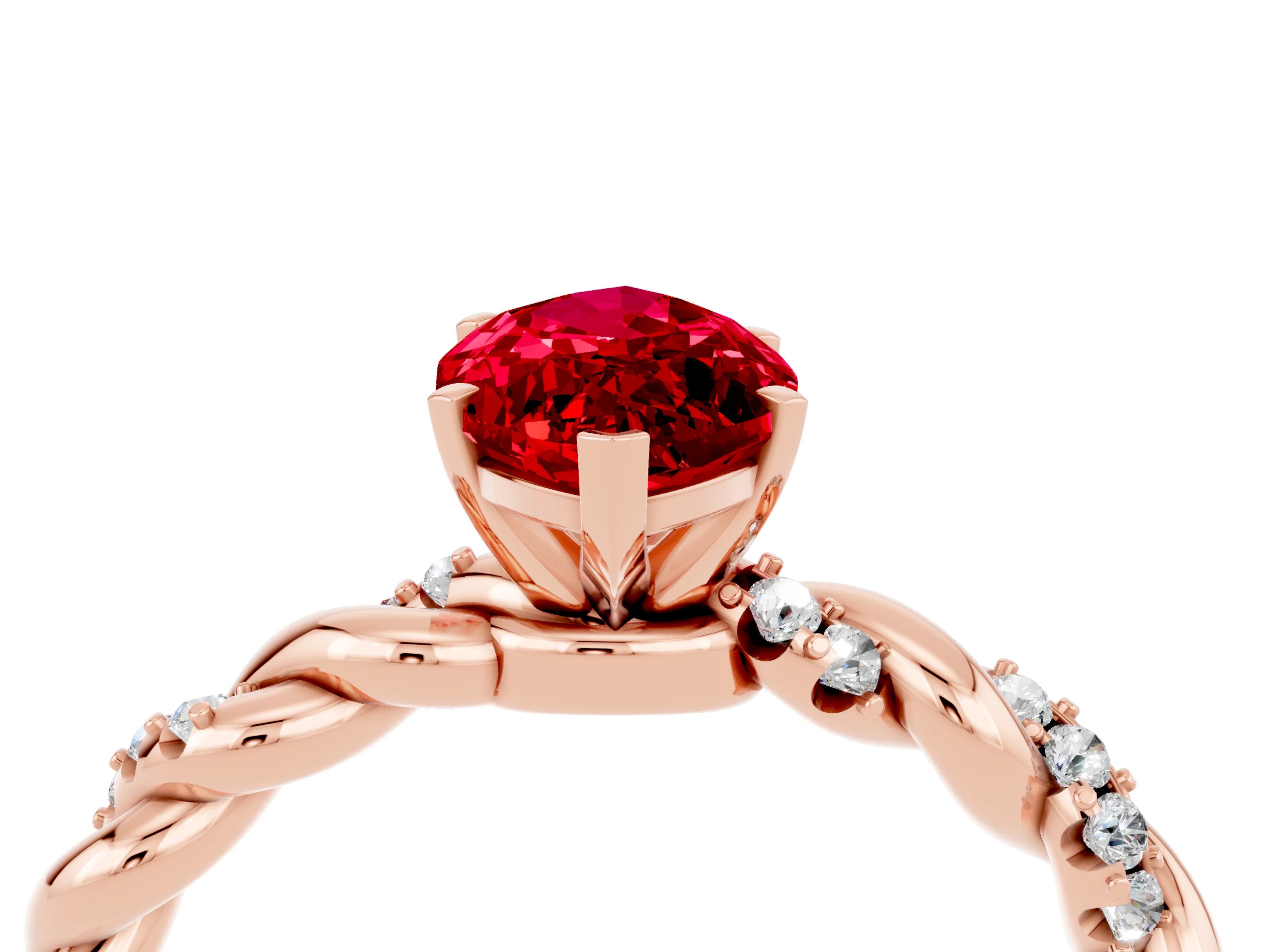 Rose gold Marquise Cut Ruby Solitaire Ring with Twisted Band and Pavé Accents_4