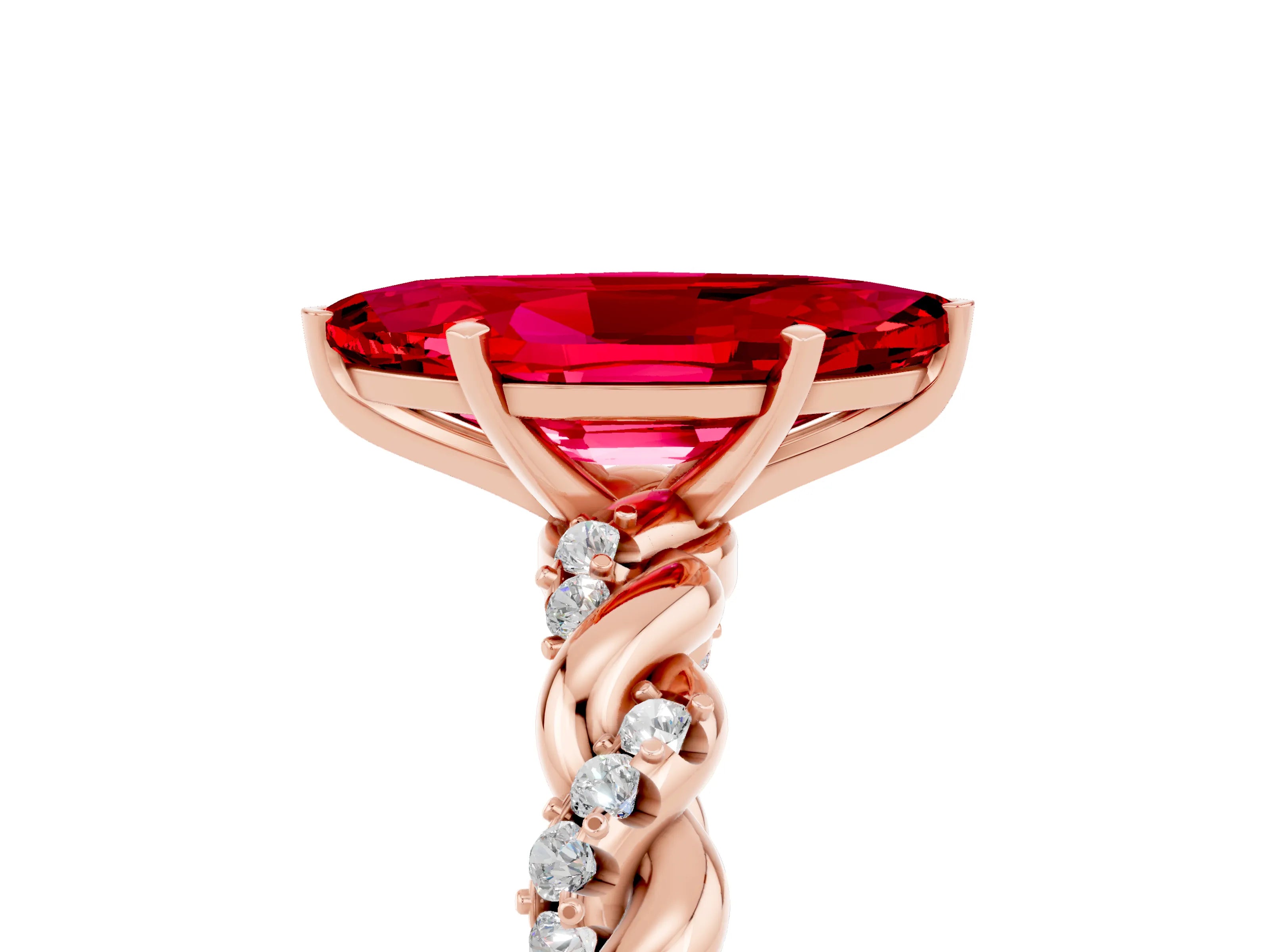 Rose gold Marquise Cut Ruby Solitaire Ring with Twisted Band and Pavé Accents_5