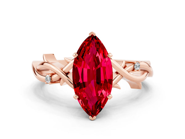 Rose gold Marquise Cut Ruby Solitaire Ring with Twisted Band and Prong Setting