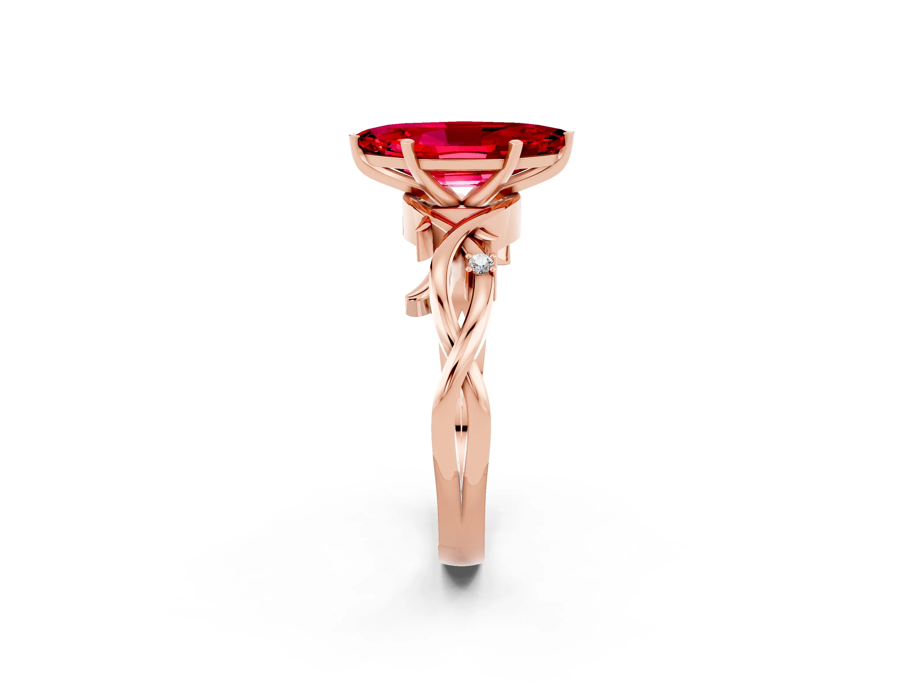 Rose gold Marquise Cut Ruby Solitaire Ring with Twisted Band and Prong Setting_2
