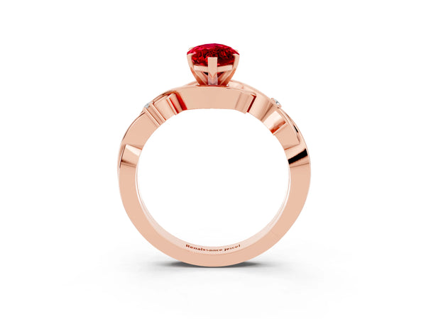 Rose gold Marquise Cut Ruby Solitaire Ring with Twisted Band and Prong Setting