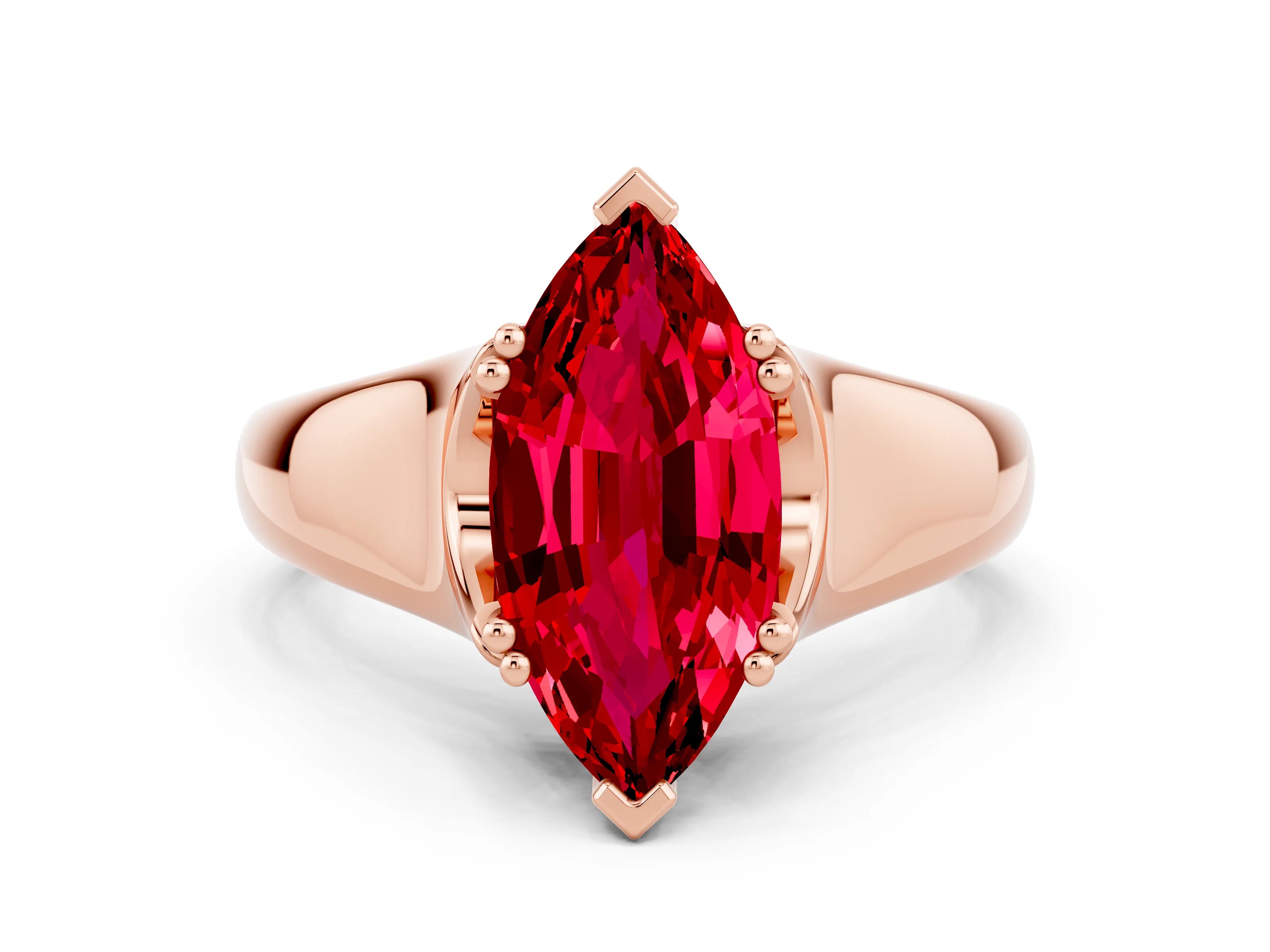 Rose gold Marquise Cut Ruby Solitaire Ring with Wide Band and Prong Setting