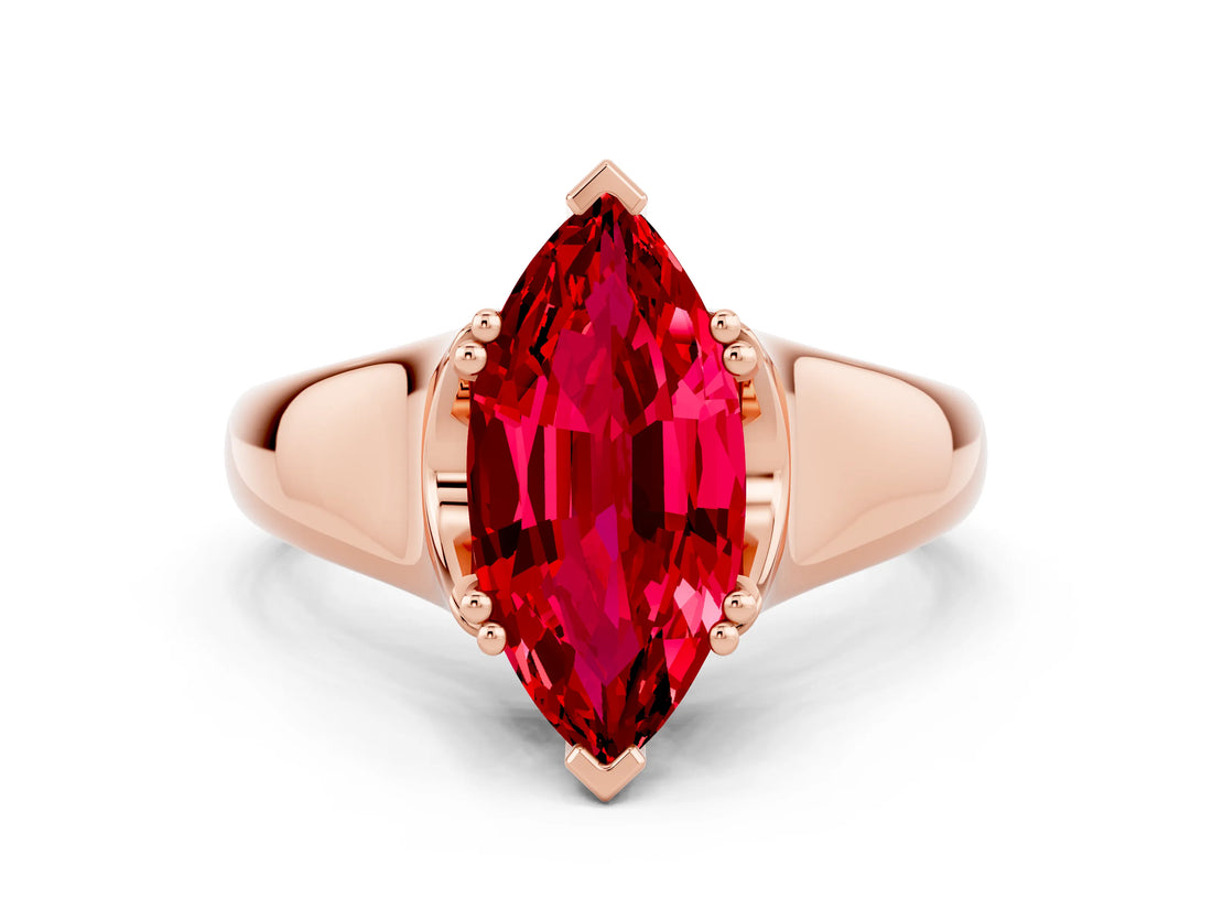Rose gold Marquise Cut Ruby Solitaire Ring with Wide Band and Prong Setting