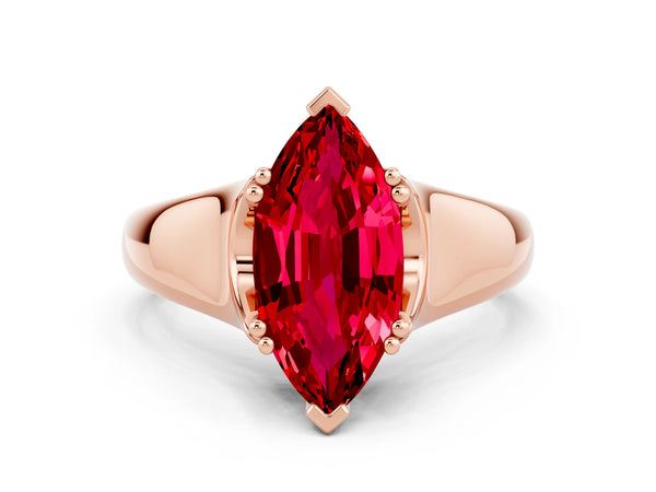 Rose gold Marquise Cut Ruby Solitaire Ring with Wide Band and Prong Setting