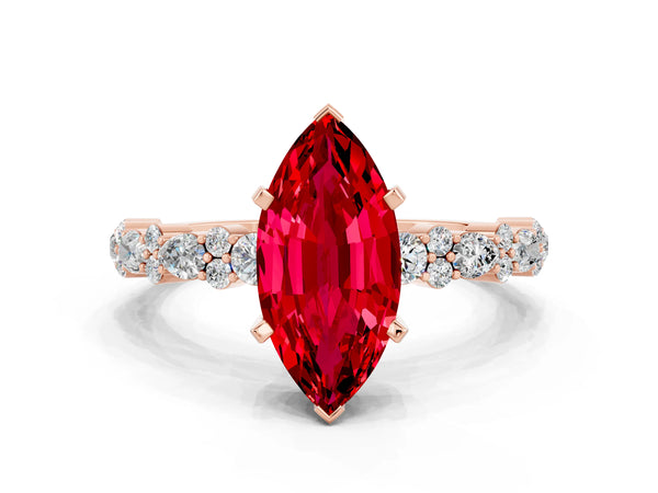 Rose gold Marquise Cut Ruby Side Stone Solitaire Ring with Round  and Four-Prong Setting