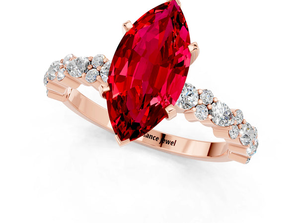 Rose gold Marquise Cut Ruby Side Stone Solitaire Ring with Round  and Four-Prong Setting
