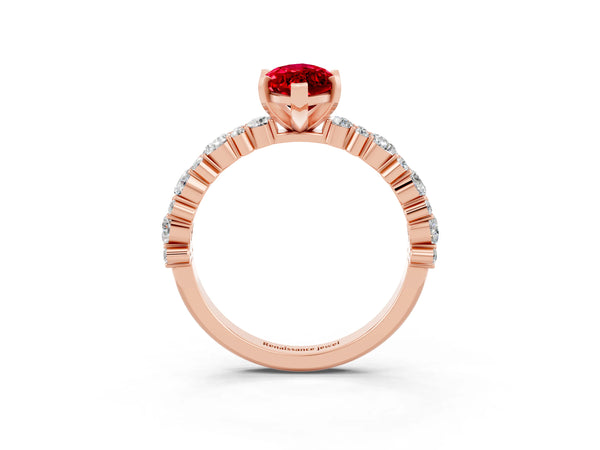 Rose gold Marquise Cut Ruby Side Stone Solitaire Ring with Round  and Four-Prong Setting