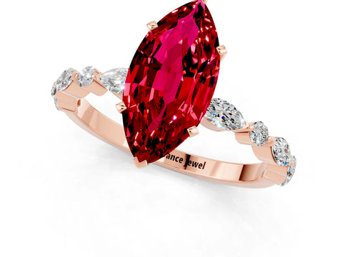 Rose gold Marquise Cut Ruby Solitaire with Side Stones on a Pavé Band and Four-Prong Setting_1