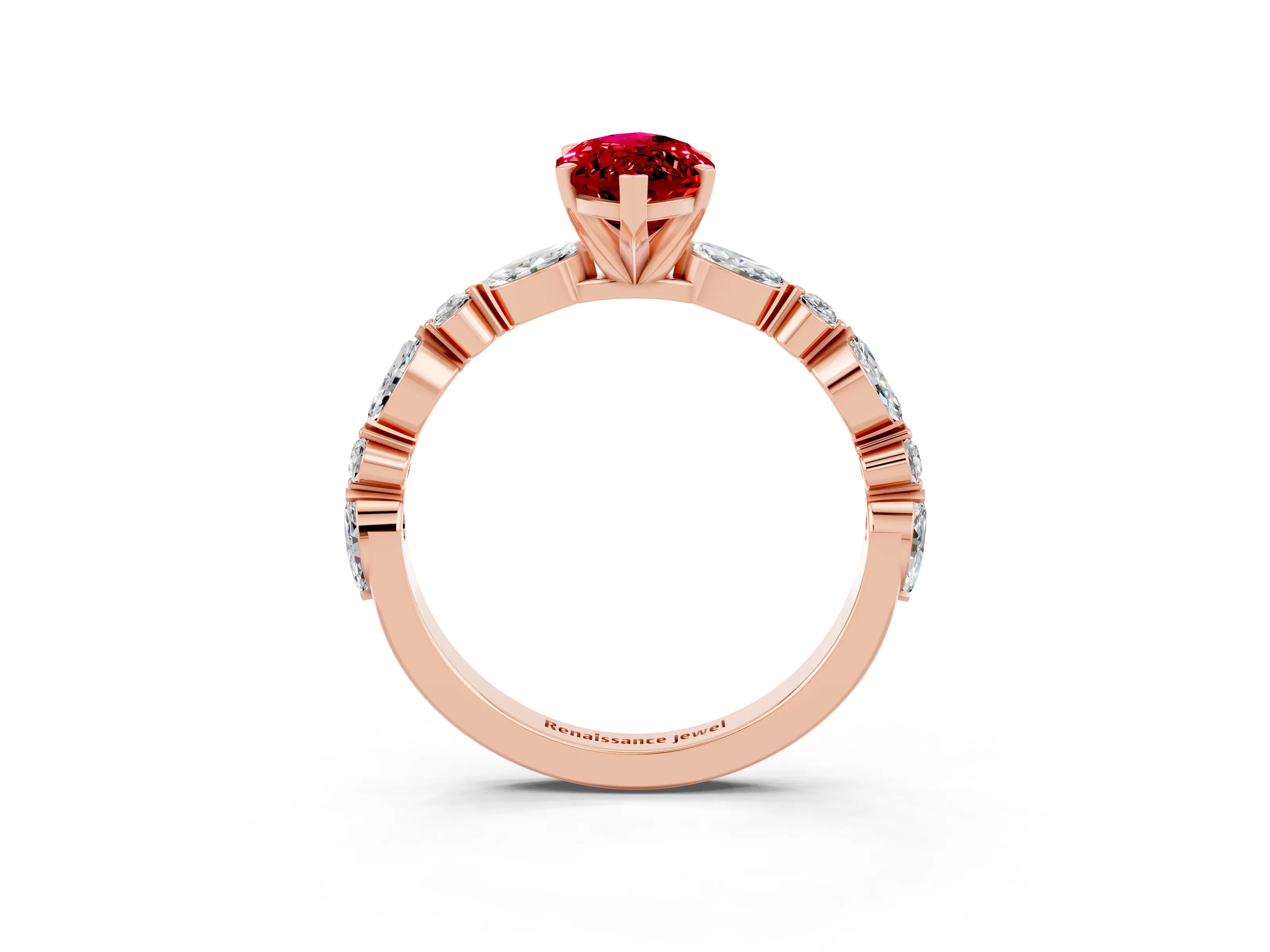 Rose gold Marquise Cut Ruby Solitaire with Side Stones on a Pavé Band and Four-Prong Setting_3