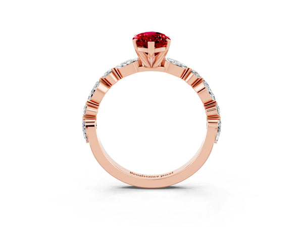 Rose gold Marquise Cut Ruby Ring with Marquise and Round  Side Stones and Four-Prong Setting