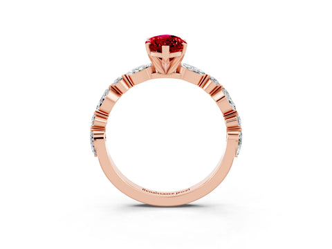 Rose gold Marquise Cut Ruby Solitaire with Side Stones on a Pavé Band and Four-Prong Setting_3