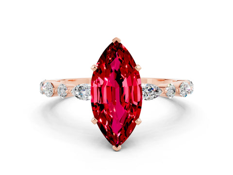 Rose gold Marquise Cut Ruby Solitaire with Side Stones on a Pavé Band and Four-Prong Setting