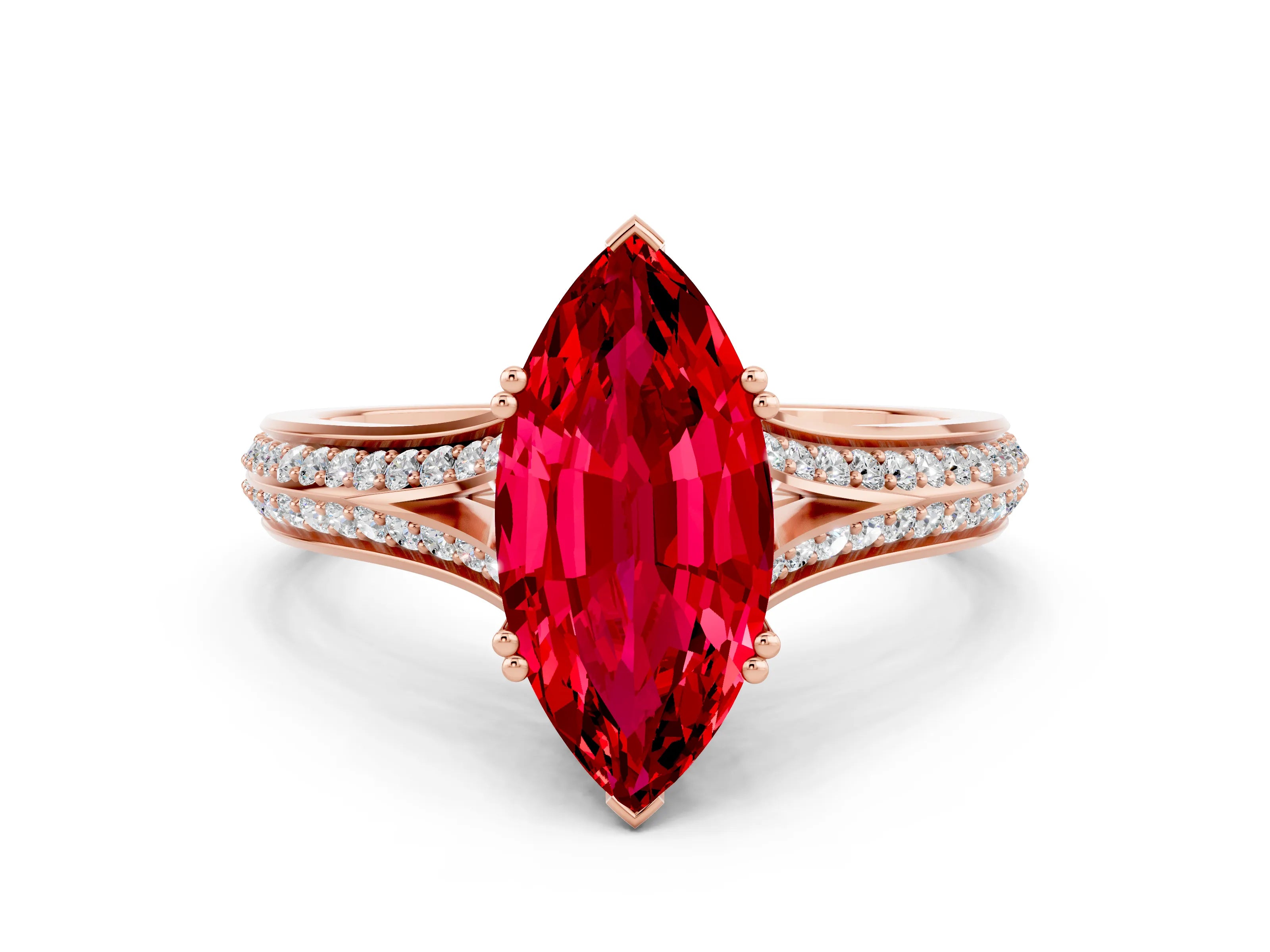 Rose gold Marquise Cut Ruby Split Shank Engagement Ring with Pavé Band