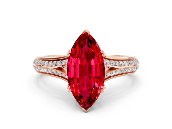 Rose gold Marquise Cut Ruby Split Shank Engagement Ring with Pavé Band