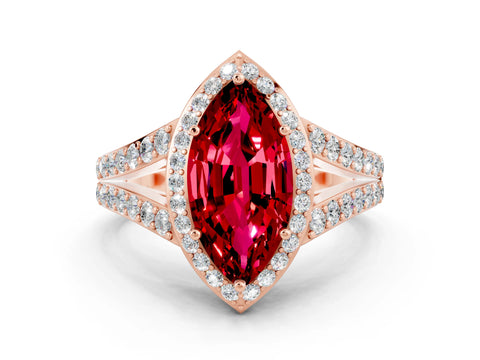 Rose gold Marquise Cut Ruby Split Shank Halo Ring with Four-Prong Setting_12