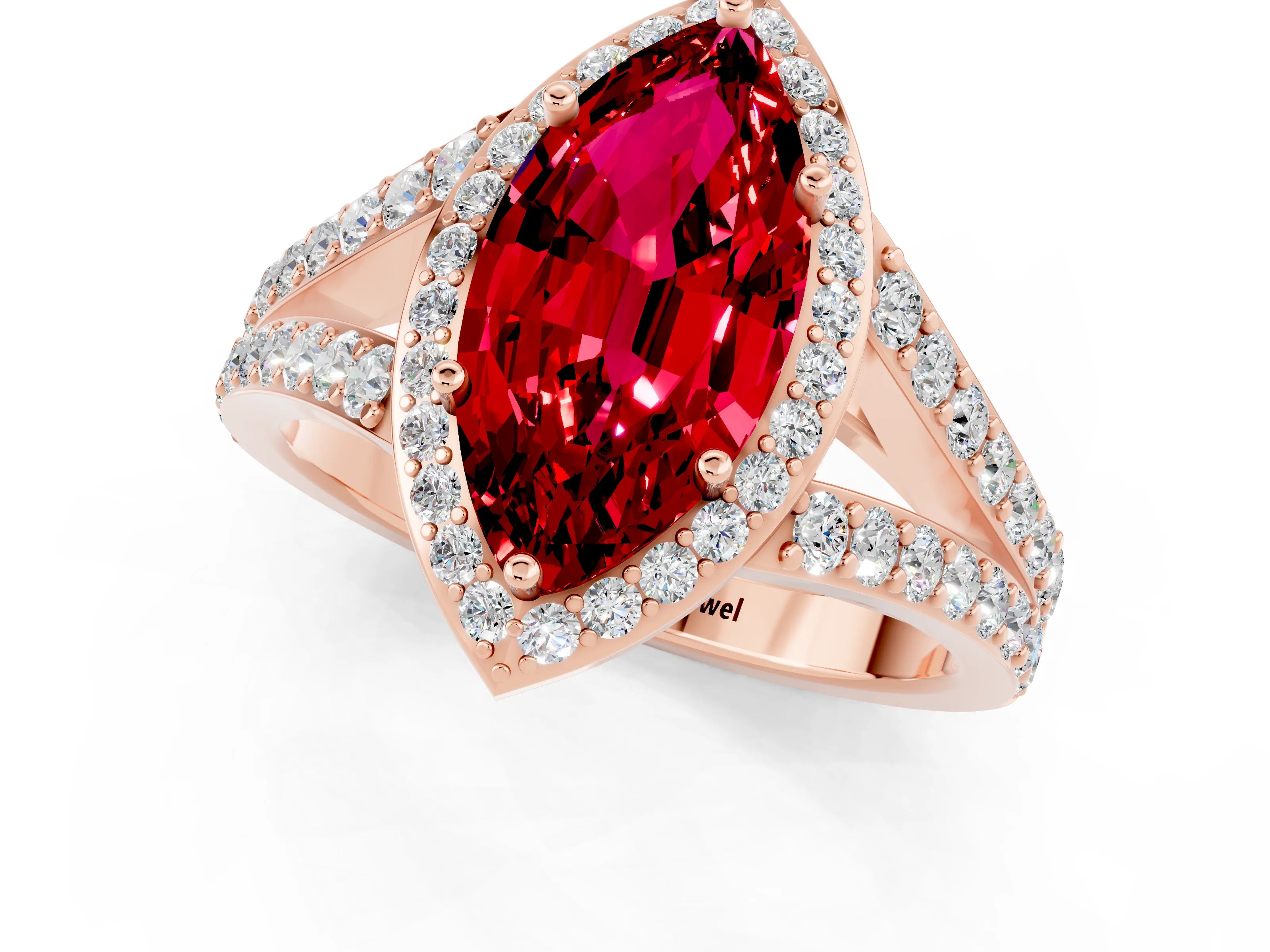 Rose gold Marquise Cut Ruby Split Shank Halo Ring with Four-Prong Setting_13