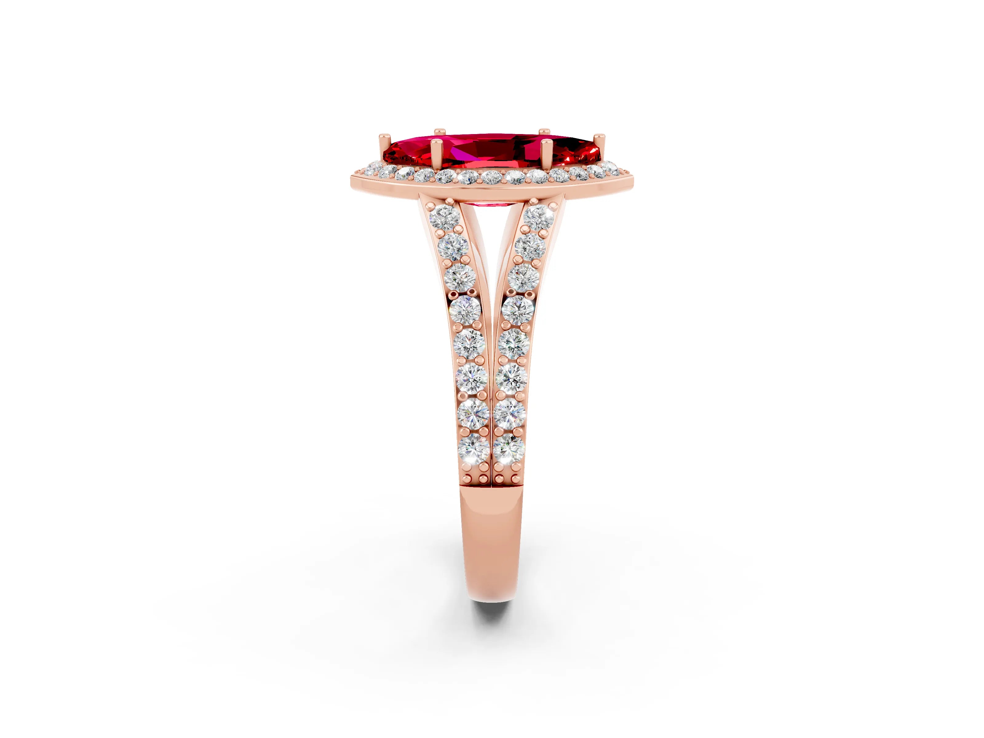 Rose gold Marquise Cut Ruby Split Shank Halo Ring with Four-Prong Setting_14