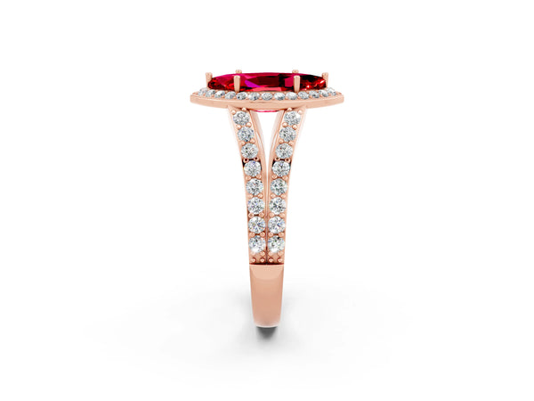 Rose gold Marquise Cut Ruby Split Shank Halo Ring with Four-Prong Setting