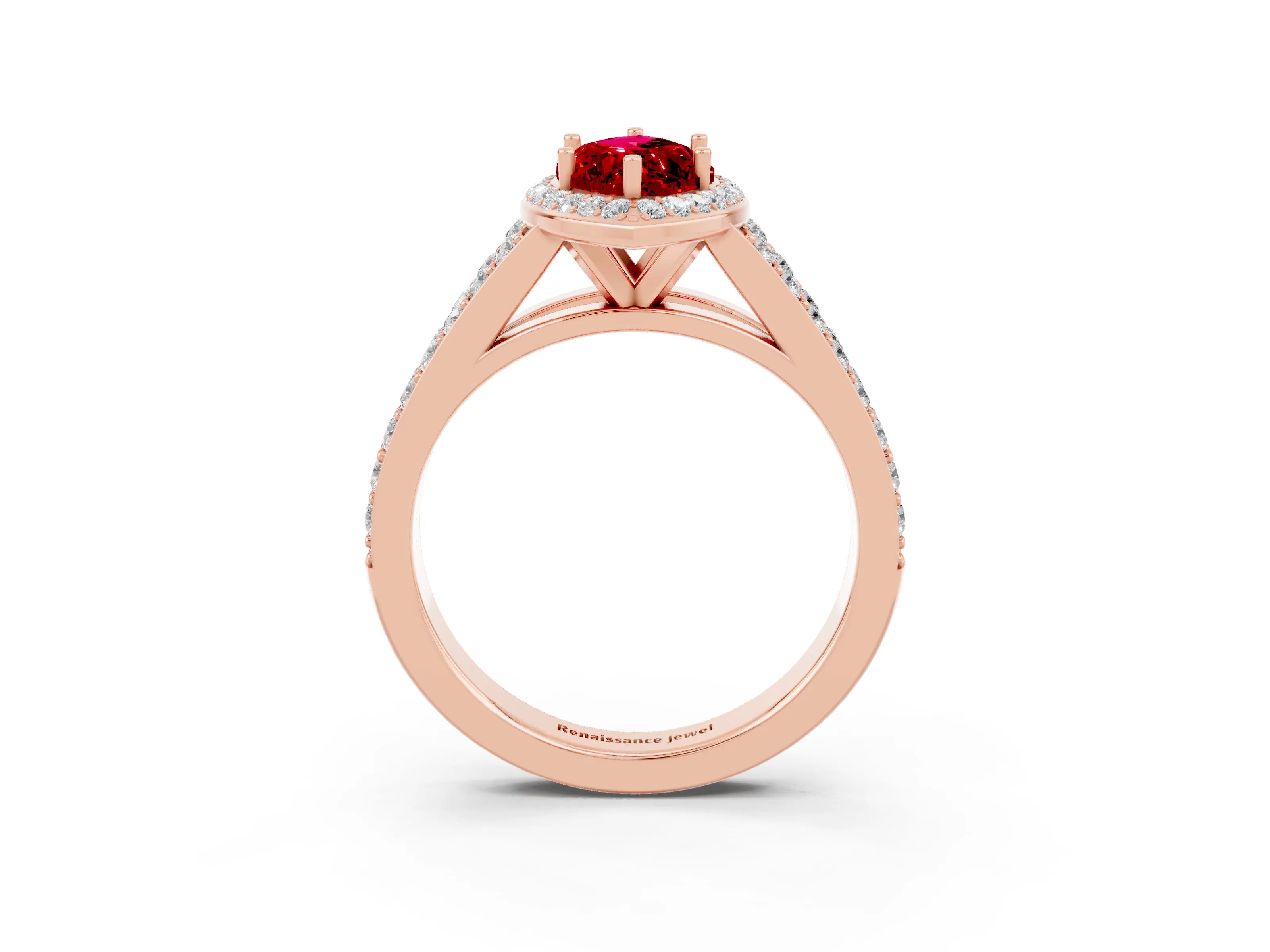 Rose gold Marquise Cut Ruby Split Shank Halo Ring with Four-Prong Setting_15
