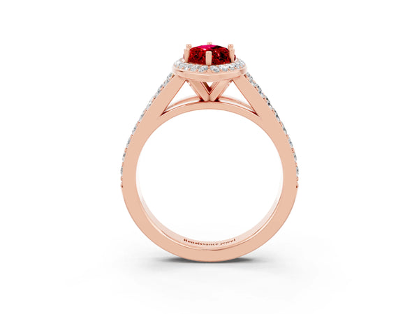 Rose gold Marquise Cut Ruby Split Shank Halo Ring with Four-Prong Setting