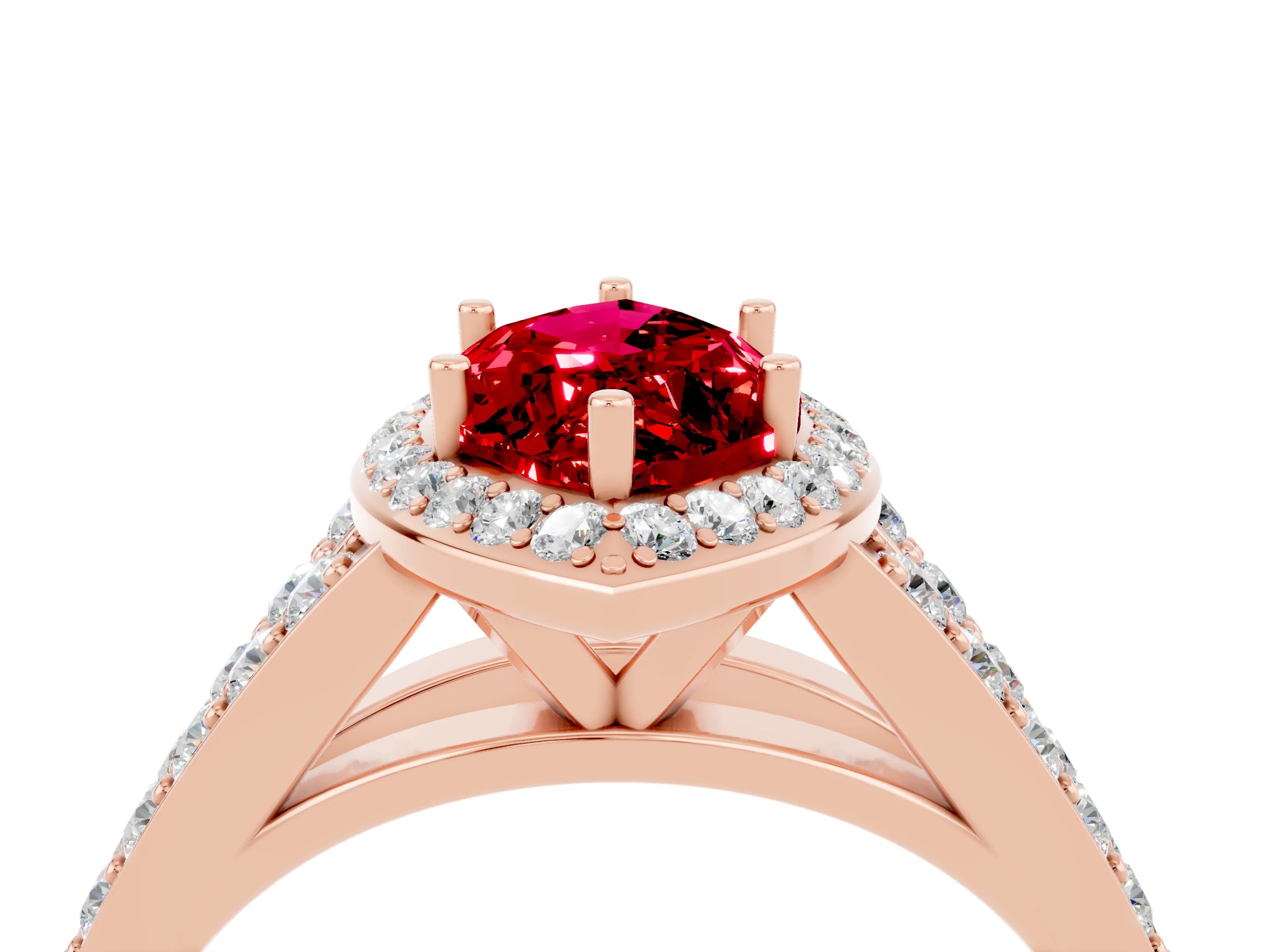 Rose gold Marquise Cut Ruby Split Shank Halo Ring with Four-Prong Setting_16