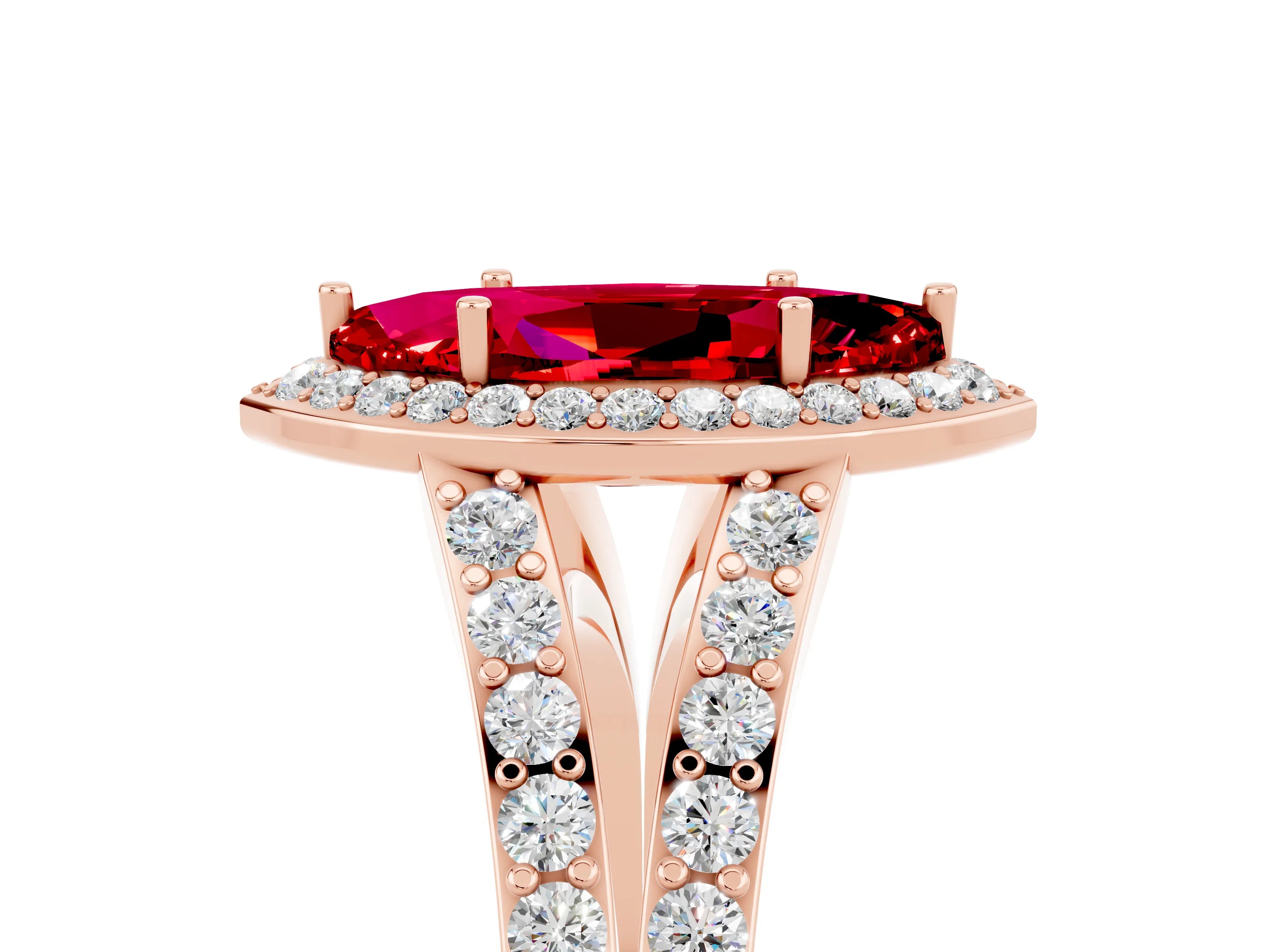 Rose gold Marquise Cut Ruby Split Shank Halo Ring with Four-Prong Setting_17