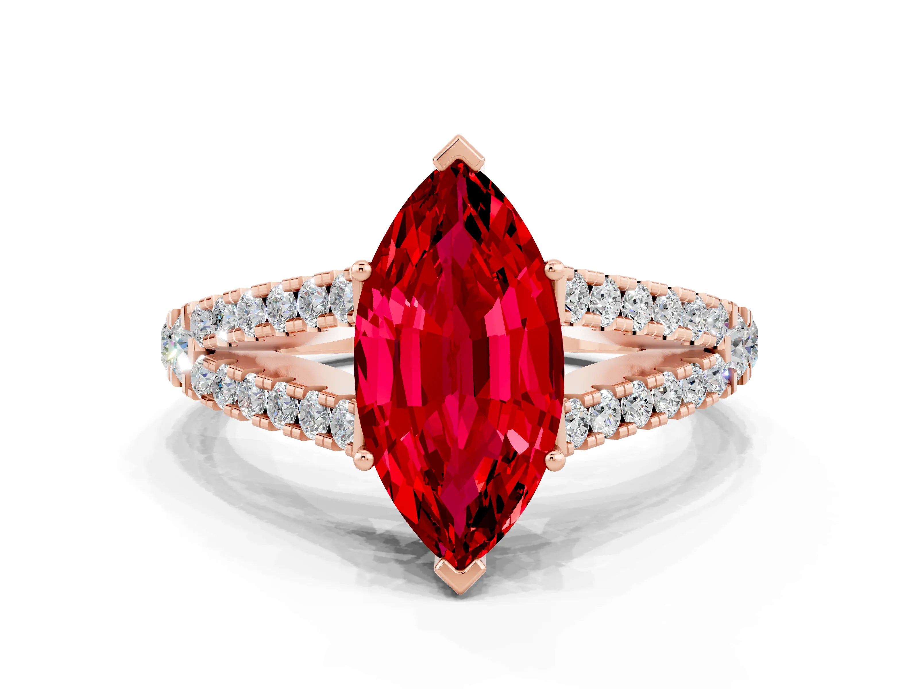 Rose gold Marquise Cut Ruby Split Shank Pavé Engagement Ring with Four-Prong Setting_12