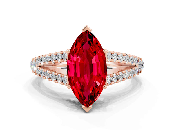 Rose gold Marquise Cut Ruby Split Shank Pavé Engagement Ring with Four-Prong Setting