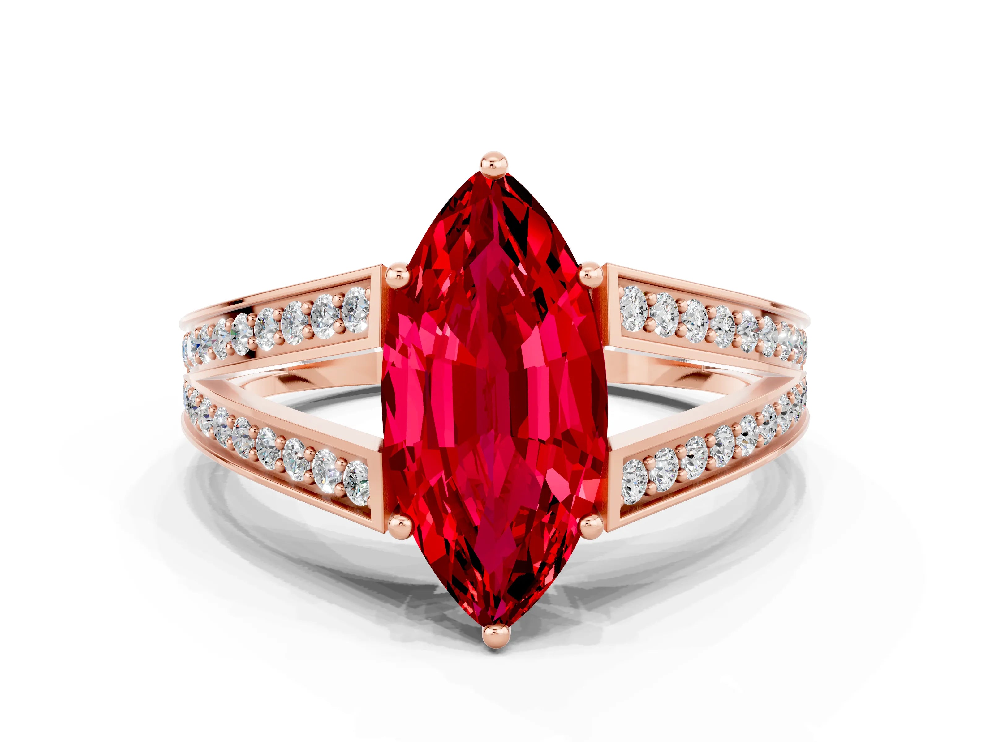 Rose gold Marquise Cut Ruby Split Shank Ring with Pavé Band and Four-Prong Setting