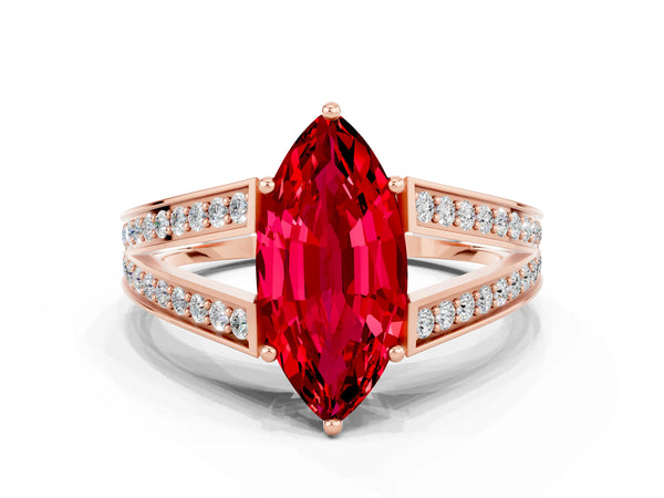 Rose gold Marquise Cut Ruby Split Shank Ring with Pavé Band and Four-Prong Setting