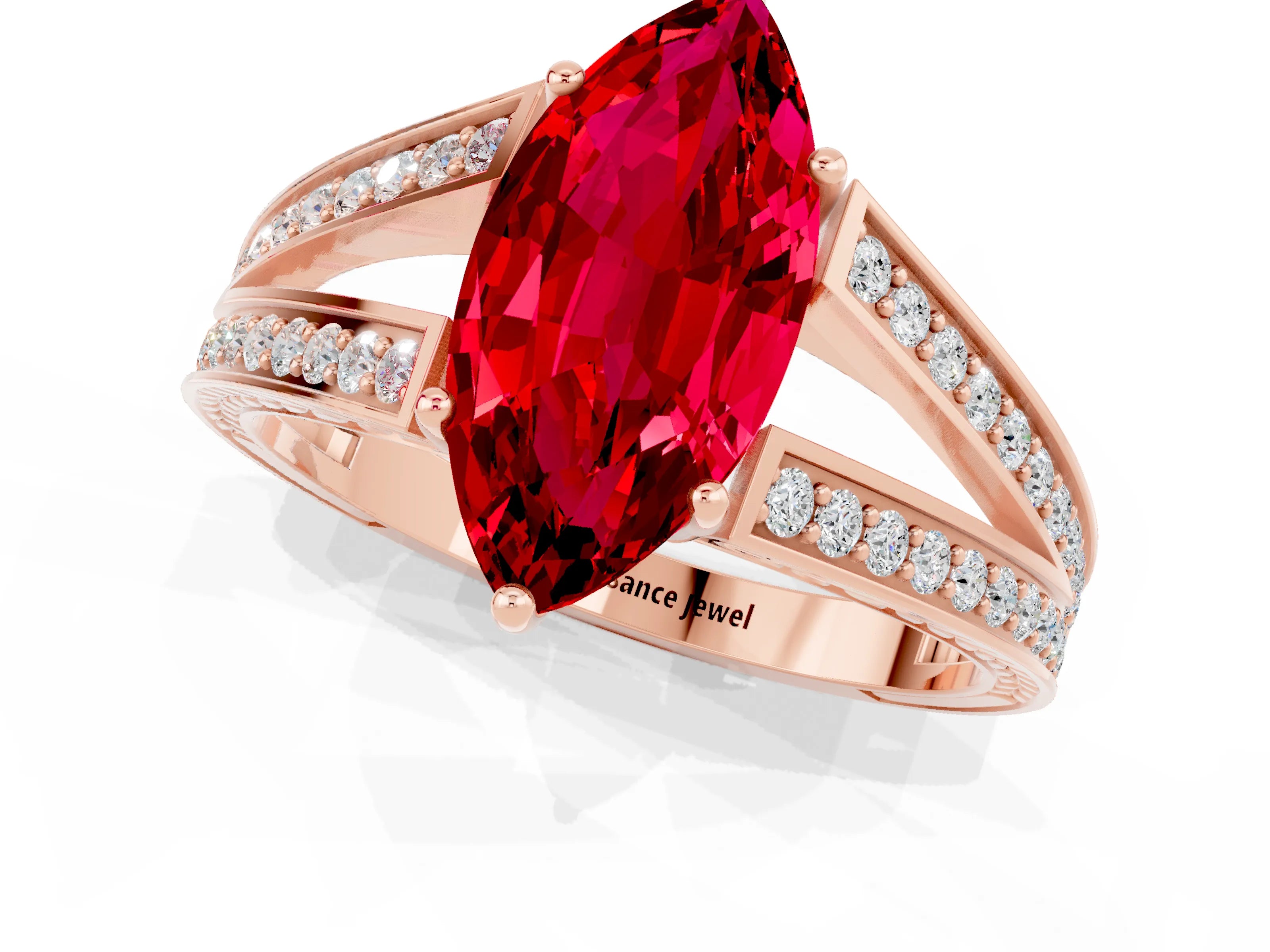 Rose gold Marquise Cut Ruby Split Shank Ring with Pavé Band and Four-Prong Setting_1