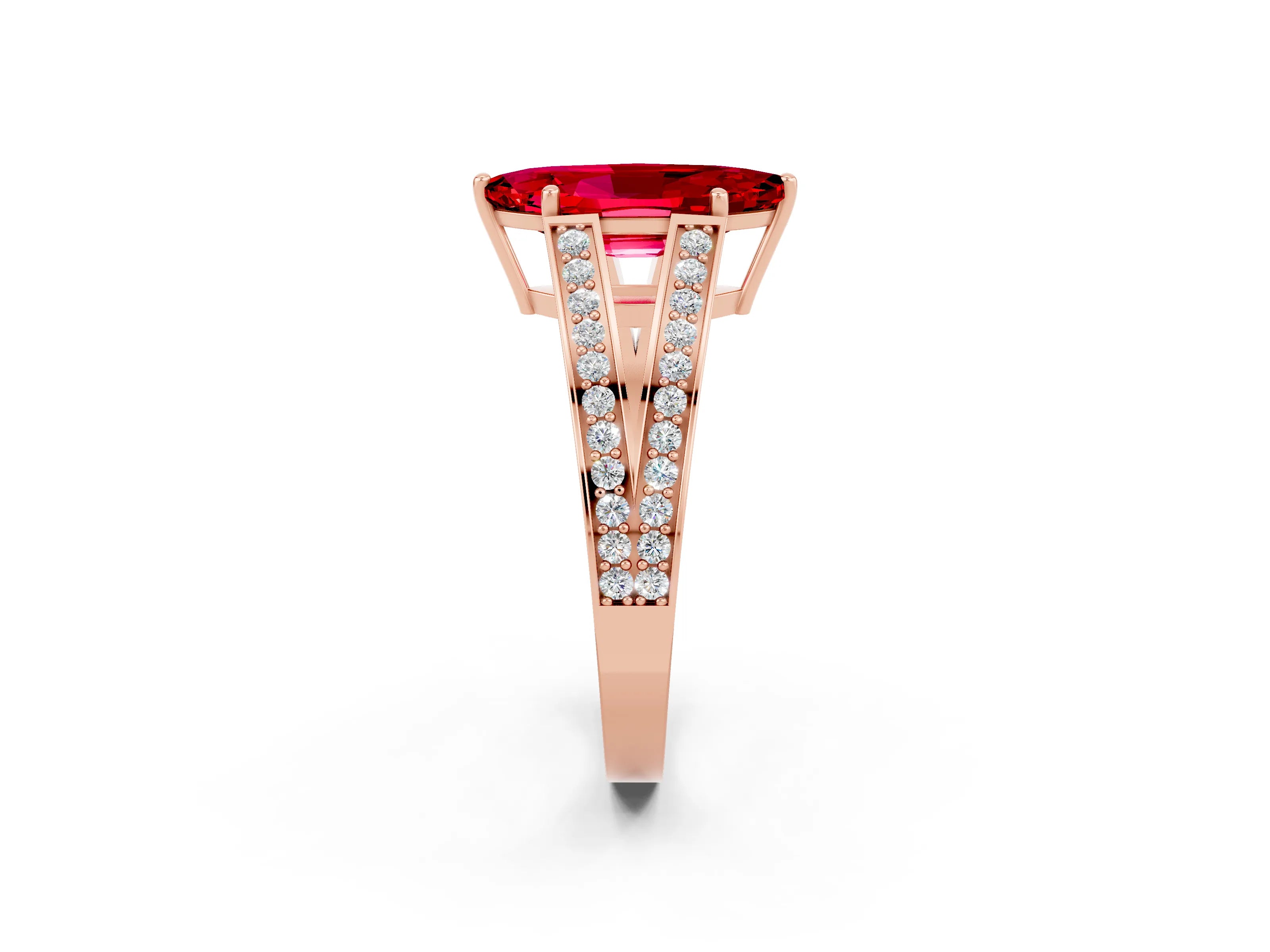 Rose gold Marquise Cut Ruby Split Shank Ring with Pavé Band and Four-Prong Setting_2