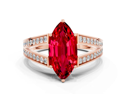 Rose gold Marquise Cut Ruby Split Shank Ring with Pavé Band and Four-Prong Setting