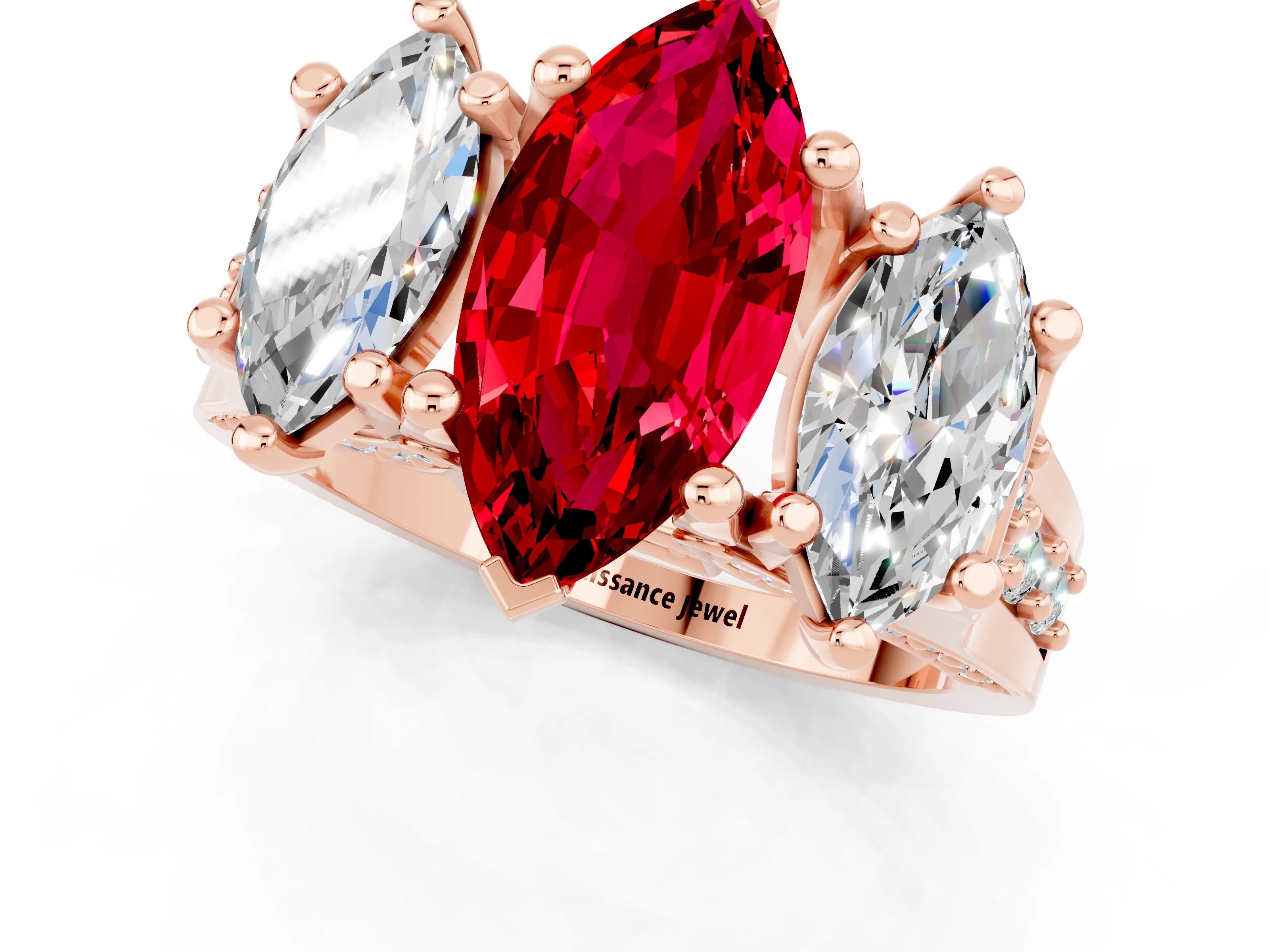 Rose gold Marquise Cut Ruby Three-Stone Ring with Channel Set Band and Four-Prong Setting_1