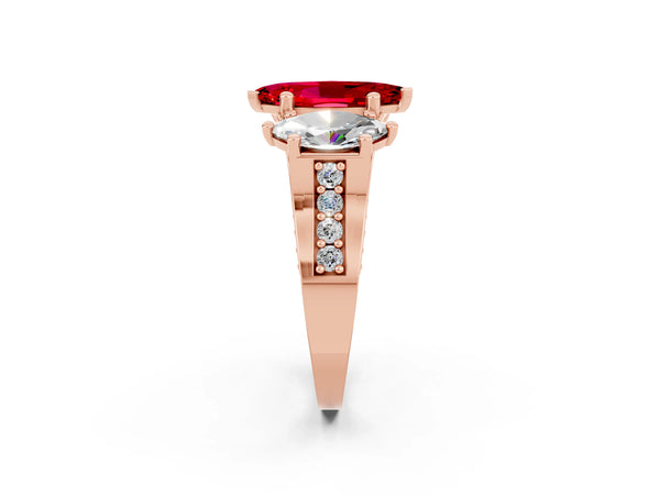 Rose gold Marquise Cut Ruby Three-Stone Ring with Channel Set Band and Four-Prong Setting