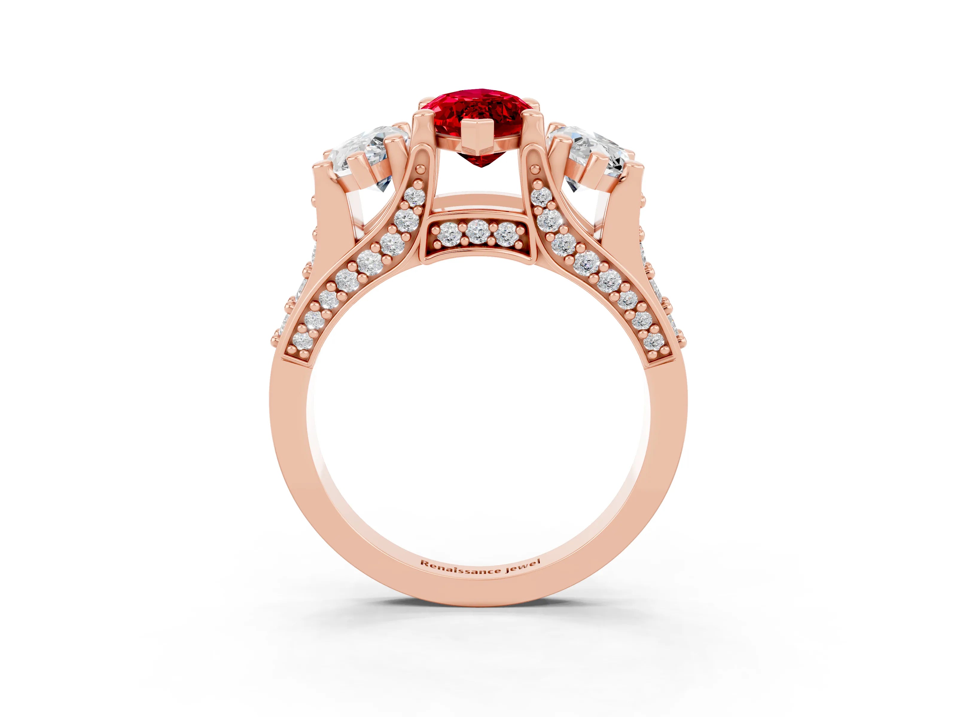 Rose gold Marquise Cut Ruby Three-Stone Ring with Channel Set Band and Four-Prong Setting_3
