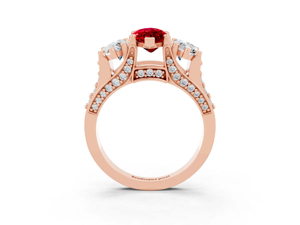 Rose gold Marquise Cut Ruby Three-Stone Ring with Channel Set Band and Four-Prong Setting